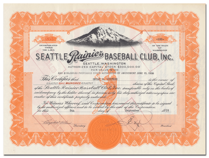 Seattle Rainier Baseball Club, Inc. Stock Certificate