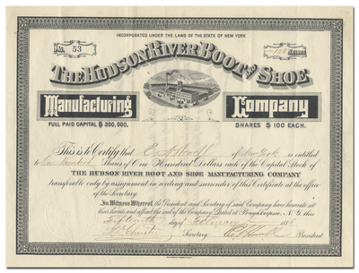 Hudson River Boot and Shoe Manufacturing Company Stock Certificate