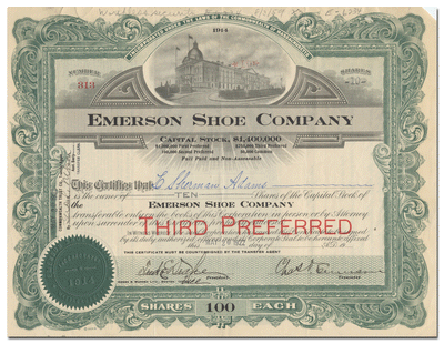 Emerson Shoe Company Stock Certificate