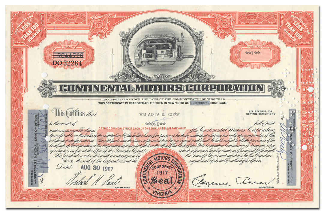 Continental Motors Corporation Stock Certificate
