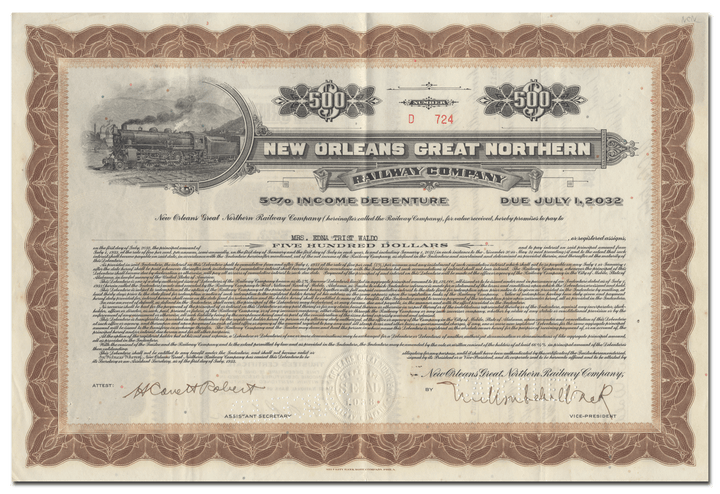 New Orleans Great Northern Railway Company Bond Certificate