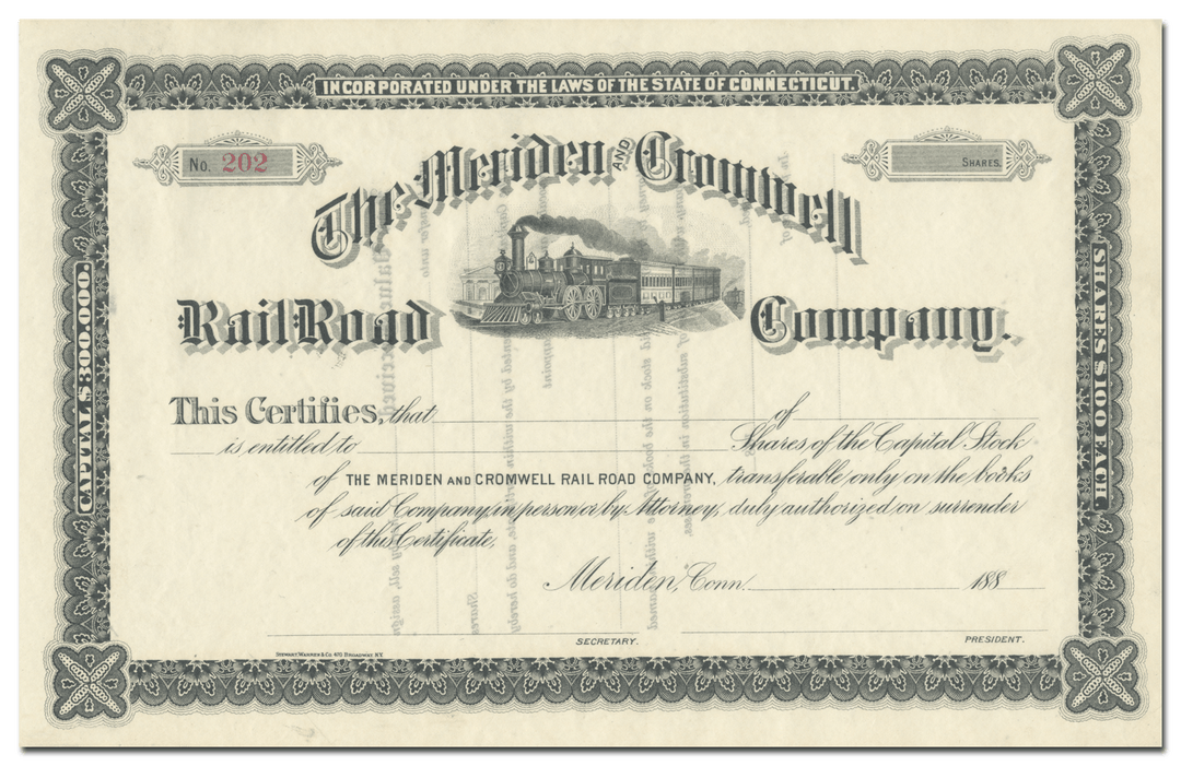 Meriden and Cromwell Rail Road Company Stock Certificate
