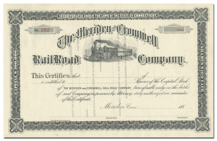Meriden and Cromwell Rail Road Company Stock Certificate