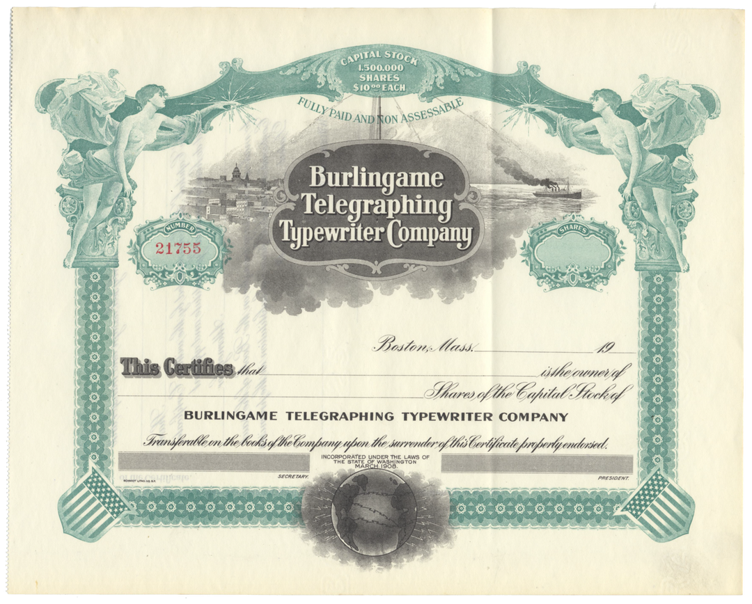 Burlingame Telegraphing Typewriter Company Stock Certificate