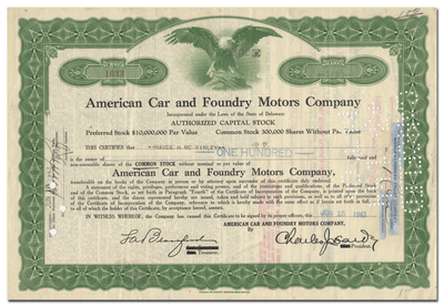 American Car and Foundry Motors Company Stock Certificate