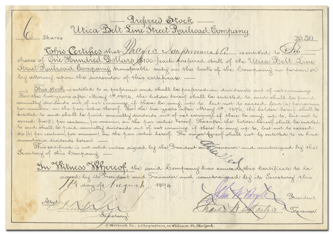 Utica Belt Line Railroad Company Stock Certificate