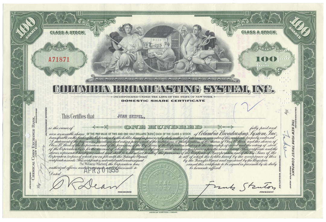 Columbia Broadcasting System, Inc. Stock Certificate