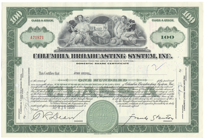 Columbia Broadcasting System, Inc. Stock Certificate