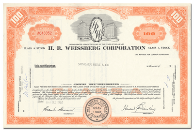 H. R. Weissberg Corporation Stock Certificate
