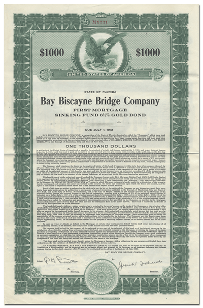Bay Biscayne Bridge Company Bond Certificate