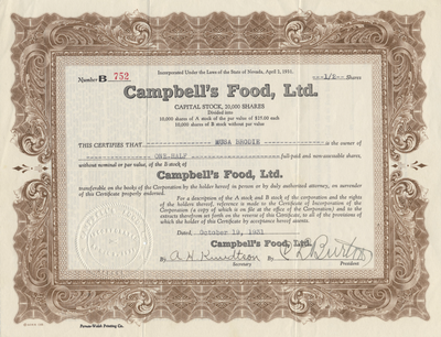Campbell's Food, Ltd. Stock Certificate