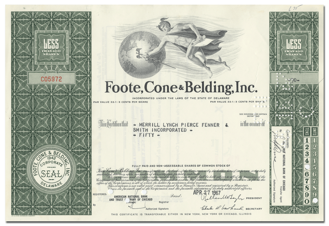 Foote, Cone & Belding, Inc. Stock Certificate