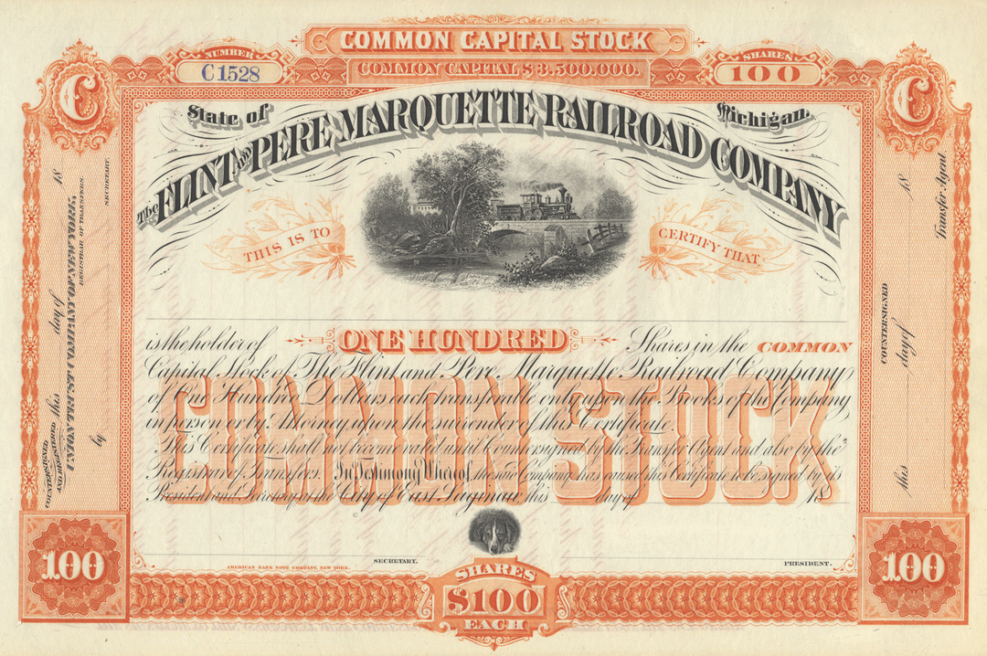 Flint and Pere Marquette Railroad Company Stock Certificate