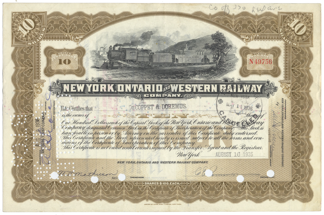 New York, Ontario and Western Railway Company Stock Certificate