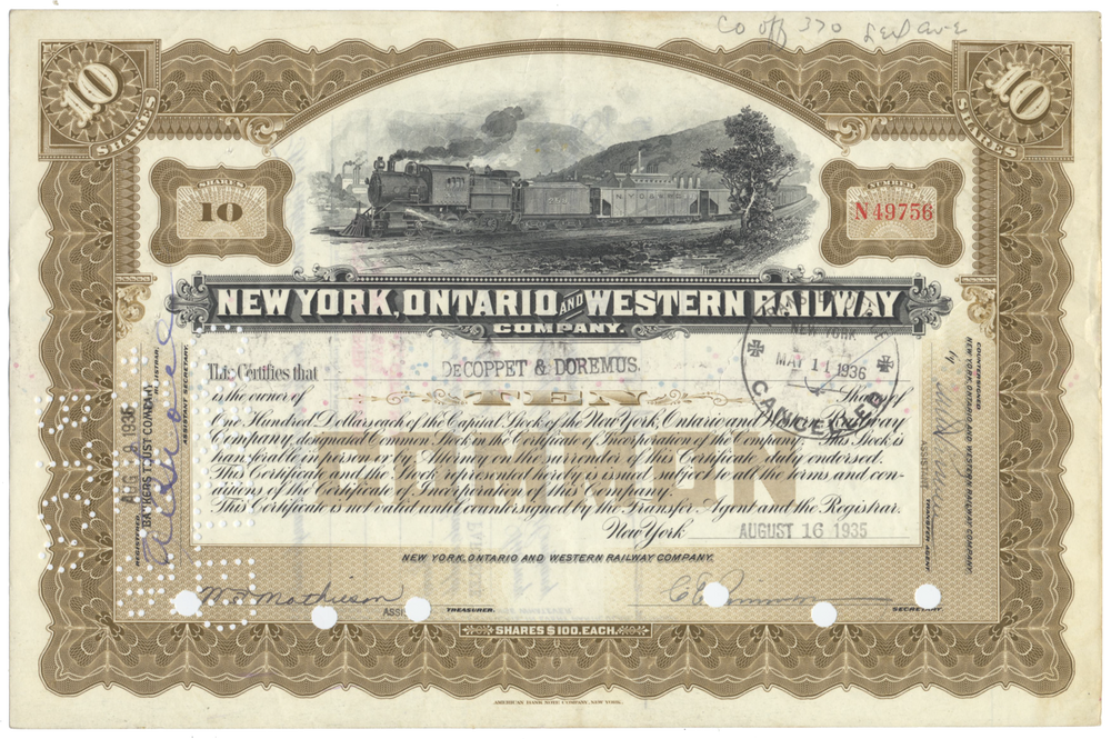 New York, Ontario and Western Railway Company Stock Certificate