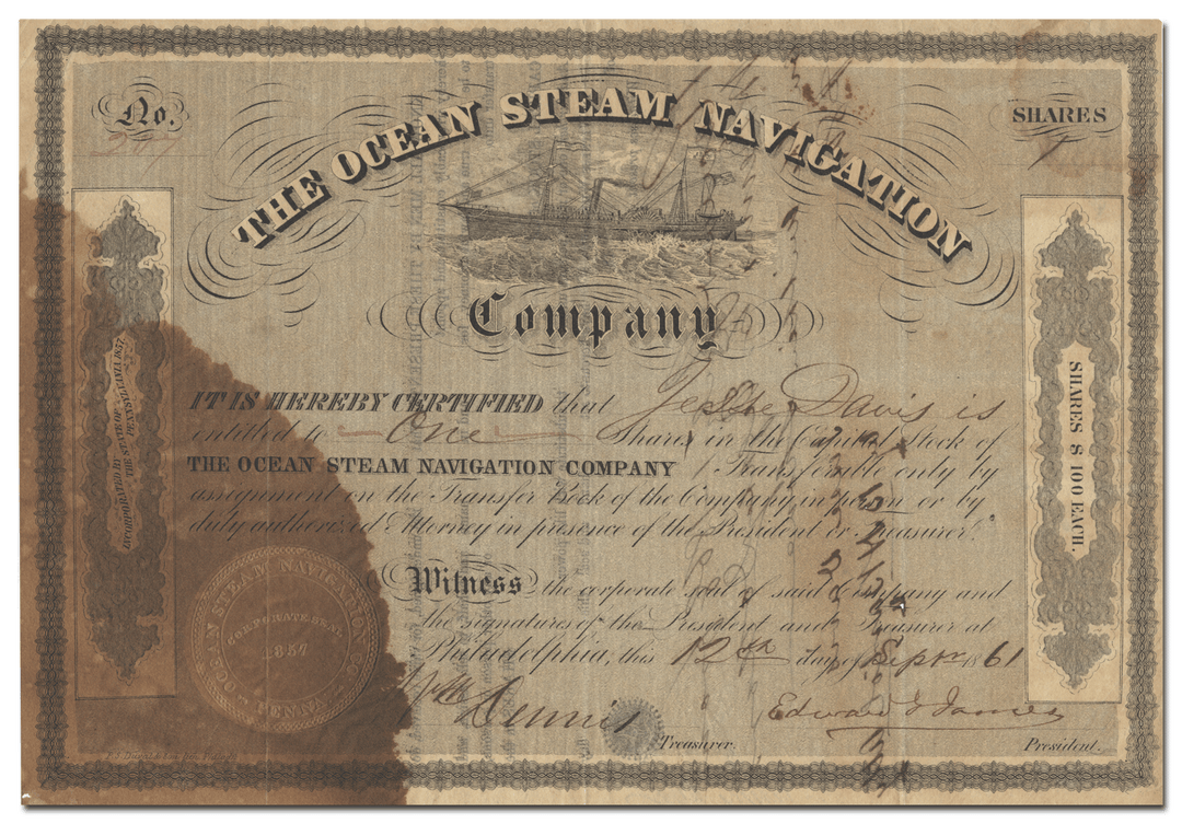 Ocean Steam Navigation Company Stock Certificate