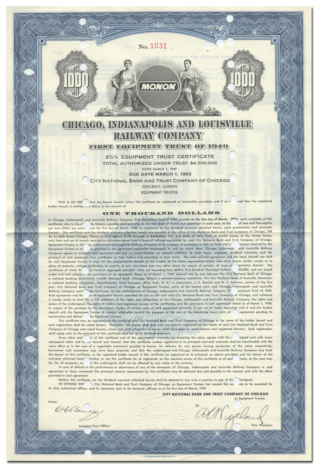 Chicago, Indianapolis and Louisville Railway Company Bond Certificate