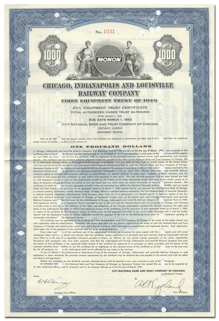 Chicago, Indianapolis and Louisville Railway Company Bond Certificate