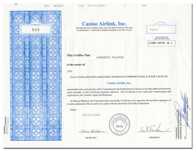 Casino Airlink, Inc. Stock Certificate