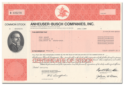Anheuser-Busch Companies, Inc. Stock Certificate