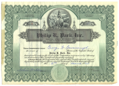 Philip R. Park, Inc. Stock Certificate