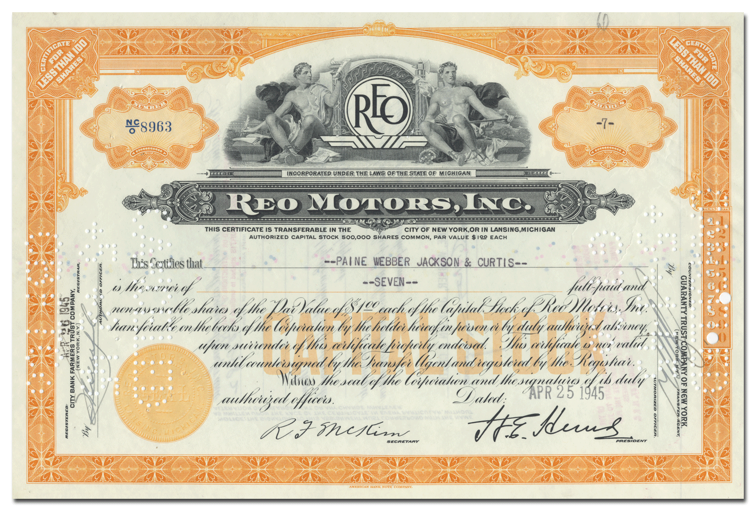 Reo Motors, Inc. Stock Certificate Ghosts of Wall Street