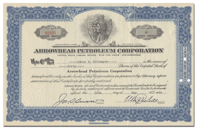 Arrowhead Petroleum Corporation Stock Certificate