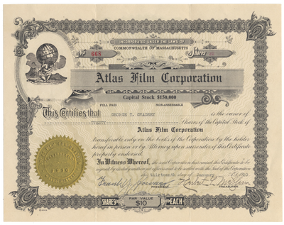 Atlas Film Corporation Stock Certificate