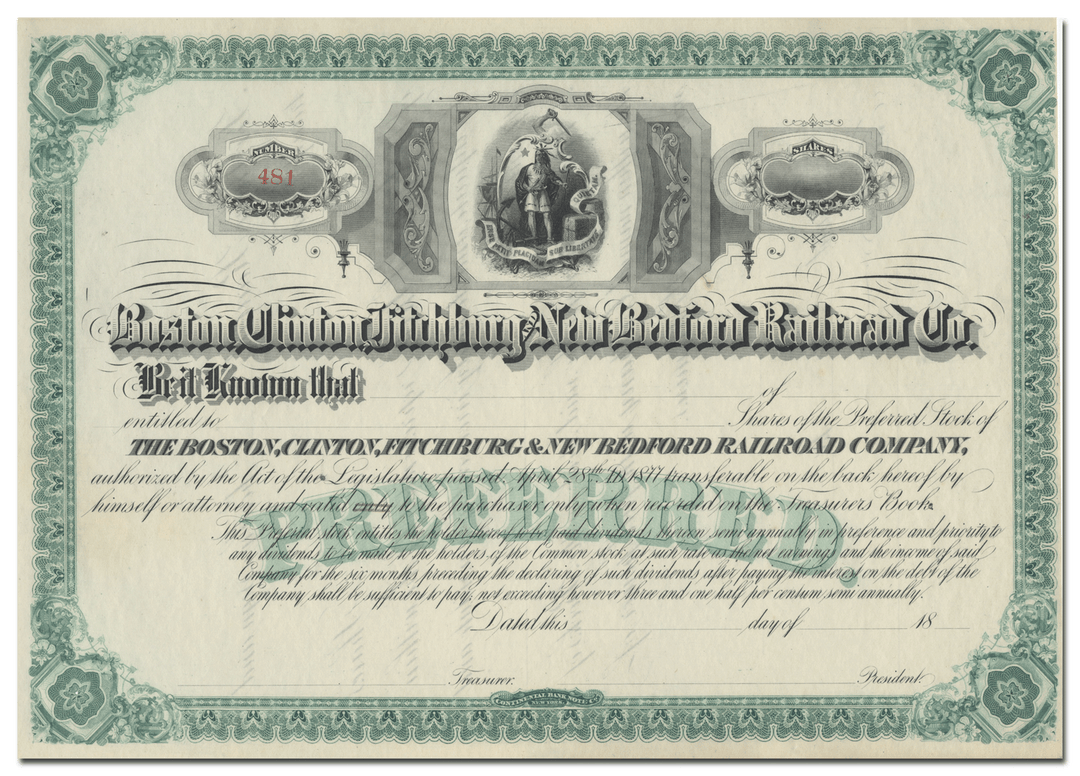 Boston, Clinton, Fitchburg and New Bedford Railroad Company Stock Certificate
