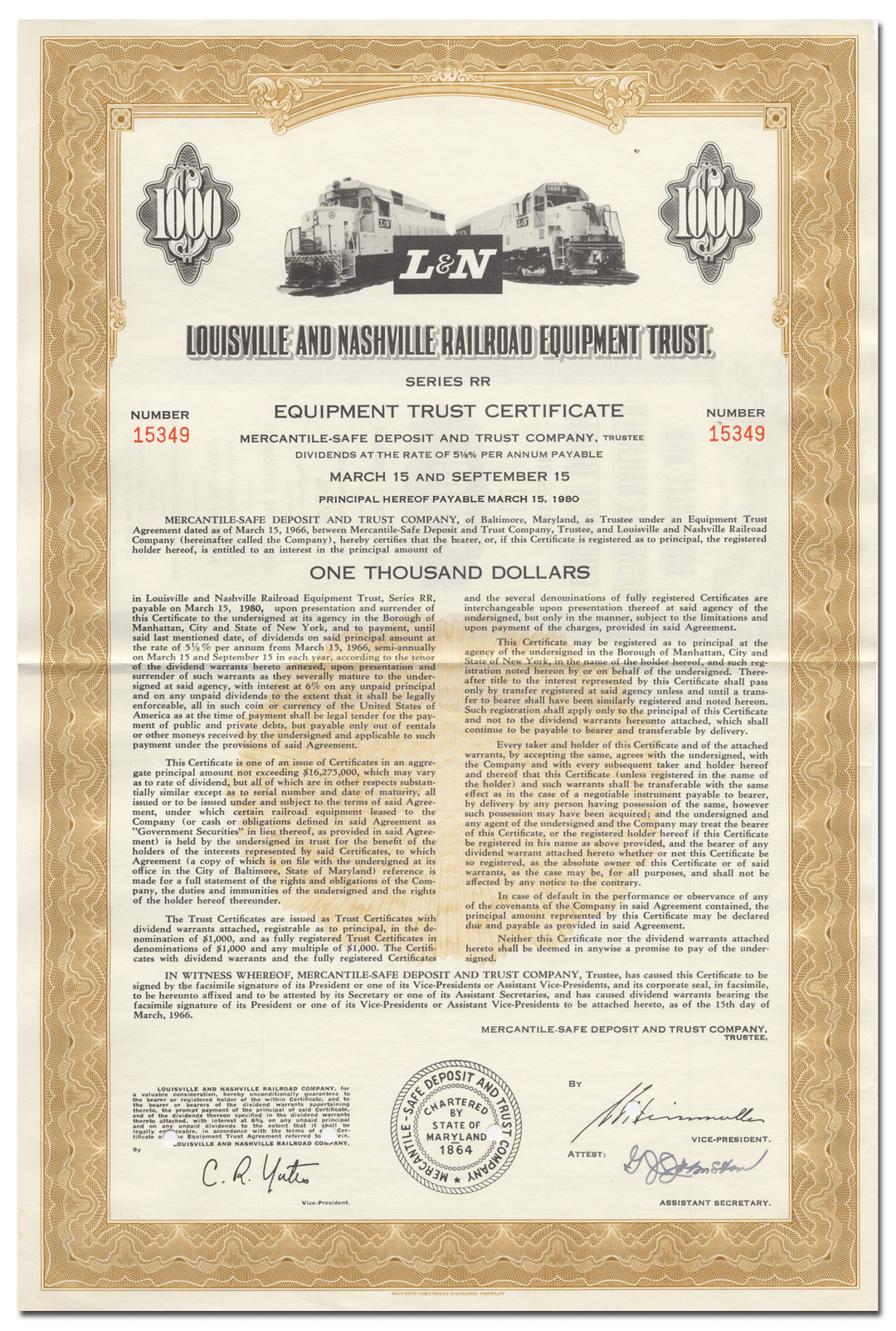 Louisville and Nashville Railroad Company Bond Certificate
