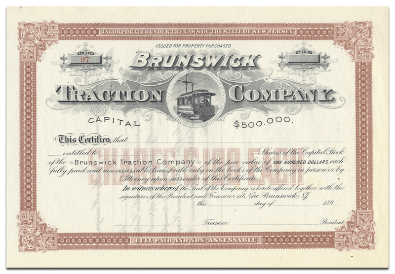 Brunswick Traction Company Stock Certificate