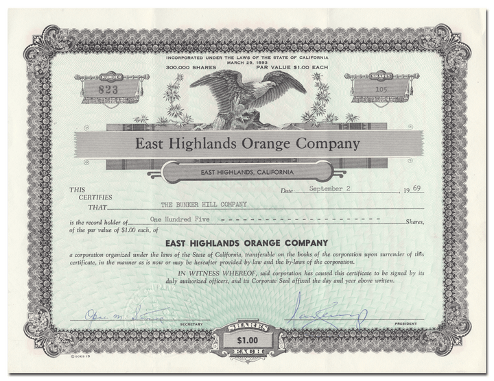 East Highlands Orange Company Stock Certificate