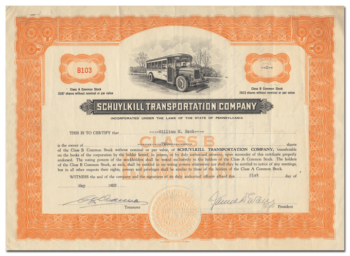 Schuylkill Transportation Company Stock Certificate