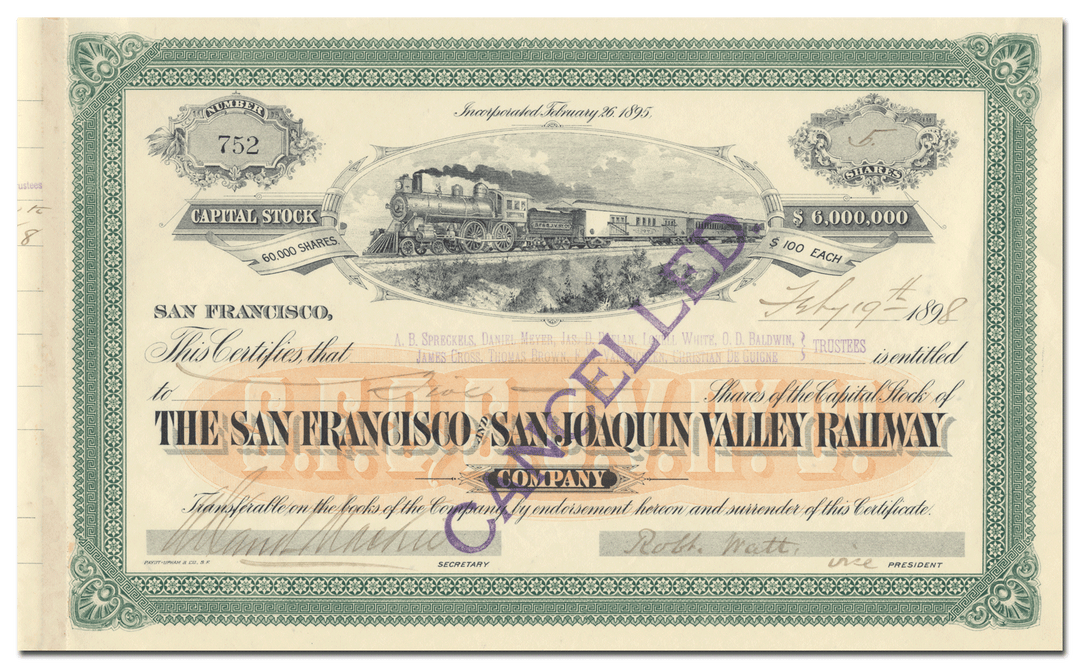 San Francisco and San Joaquin Valley Railway Company Stock Certificate