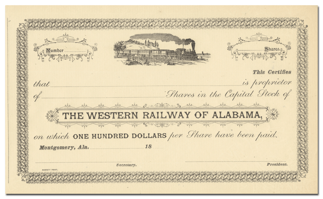 Western Railway of Alabama Stock Certificate