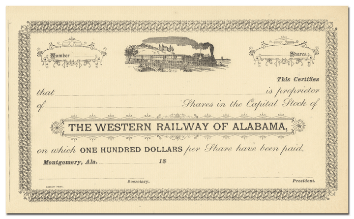 Western Railway of Alabama Stock Certificate