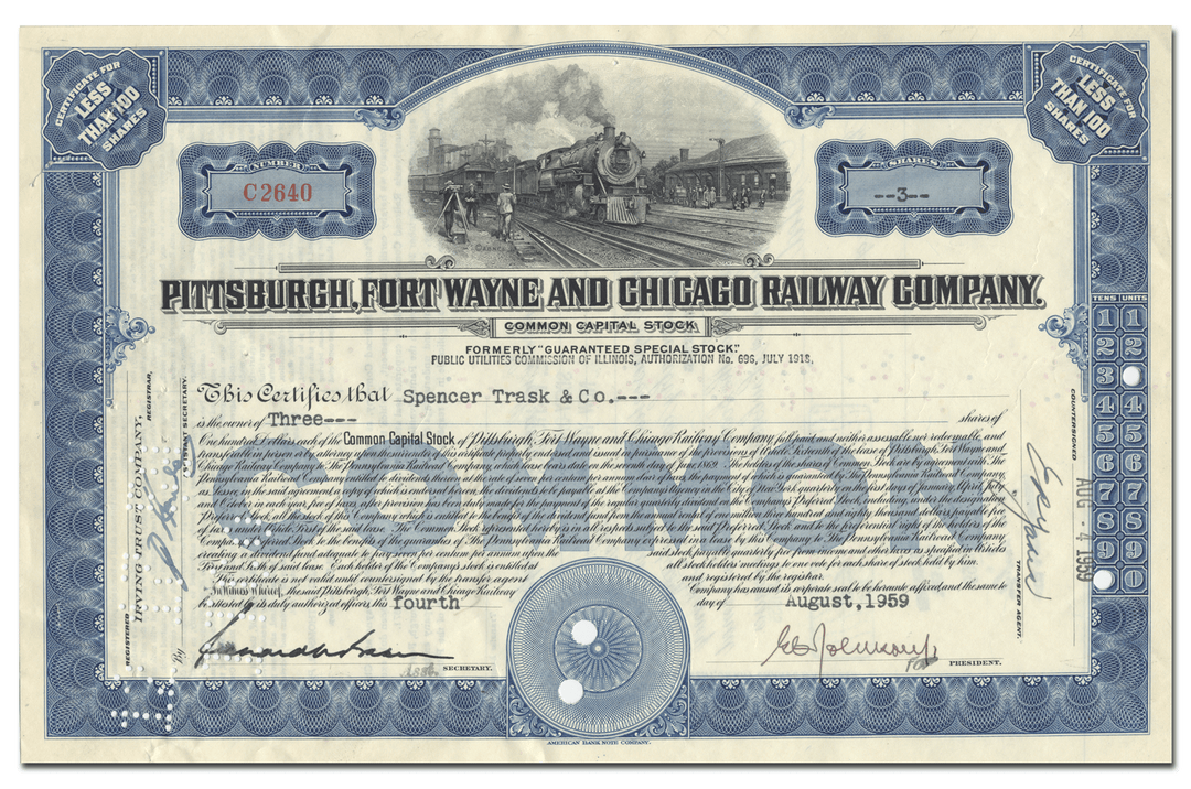 Pittsburgh, Fort Wayne and Chicago Railway Company Stock Certificate