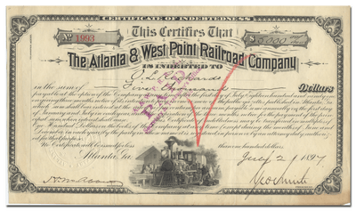 Atlanta & West Point Railroad Company Stock Certificate