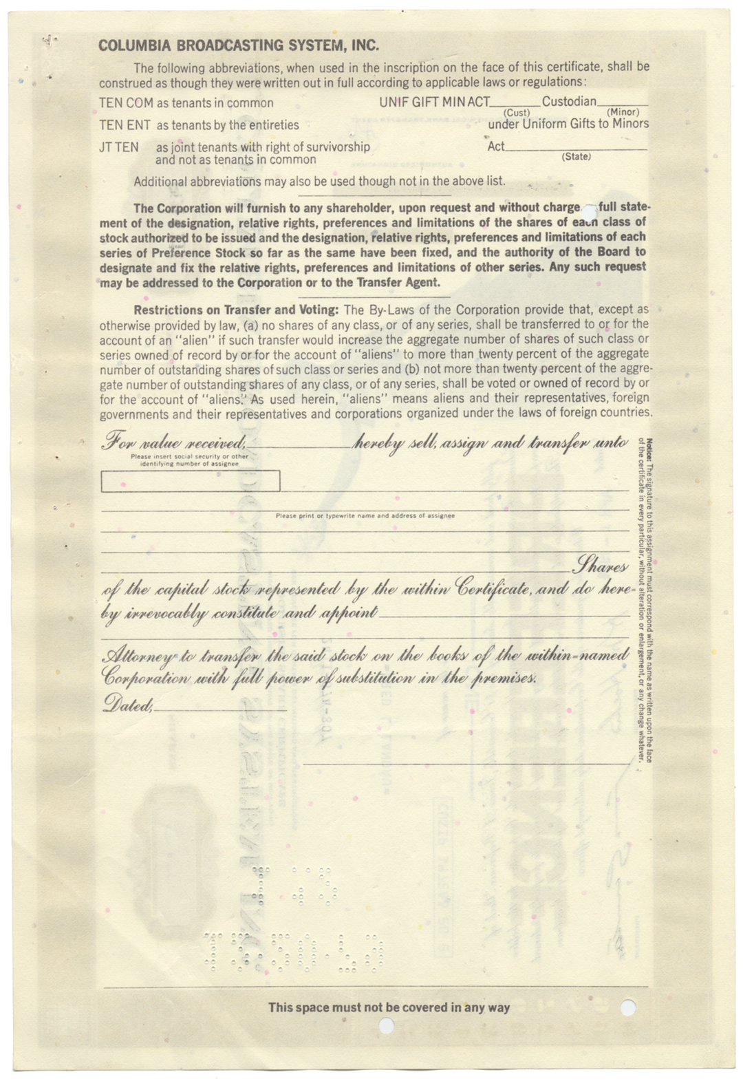 Columbia Broadcasting System, Inc. Stock Certificate