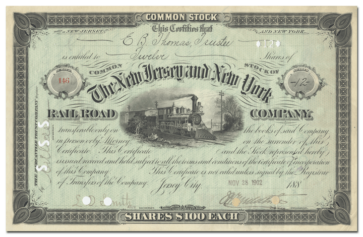 New Jersey and New York Rail Road Company Stock Certificate