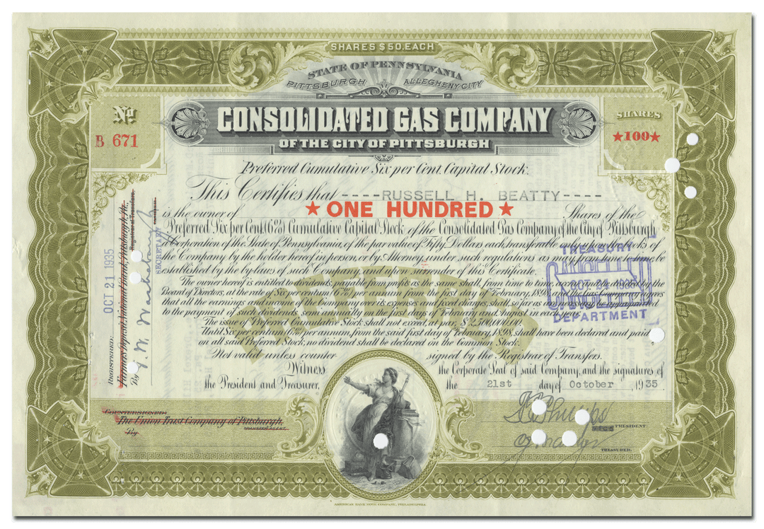 Consolidated Gas Company of the City of Pittsburgh Stock Certificate