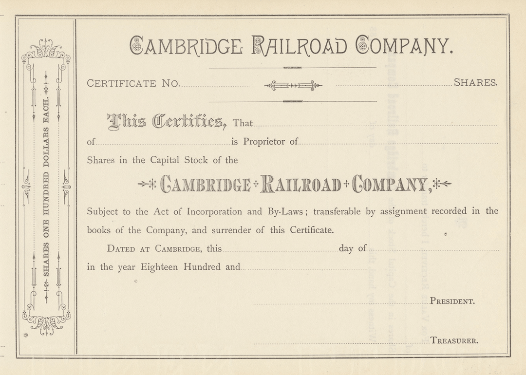 Cambridge Railroad Company Stock Certificate