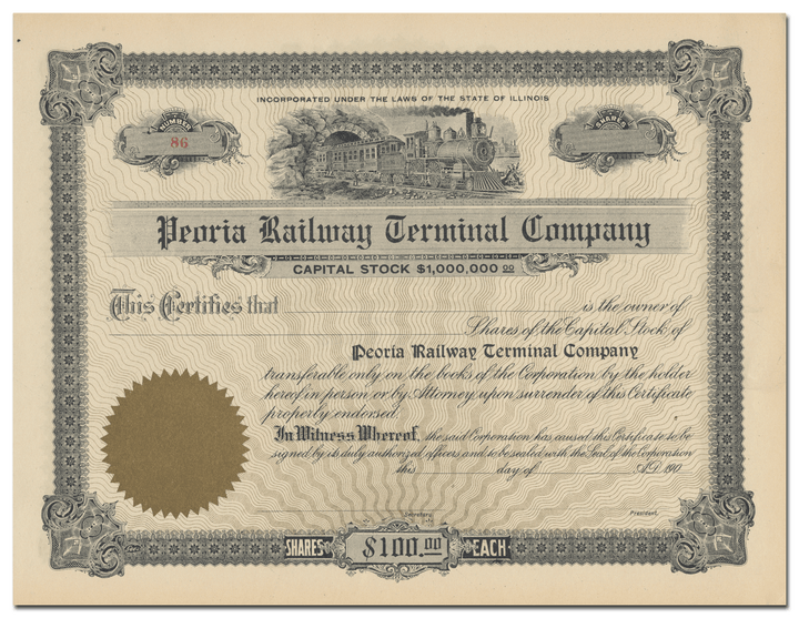 Peoria Railway Terminal Company Stock Certificate