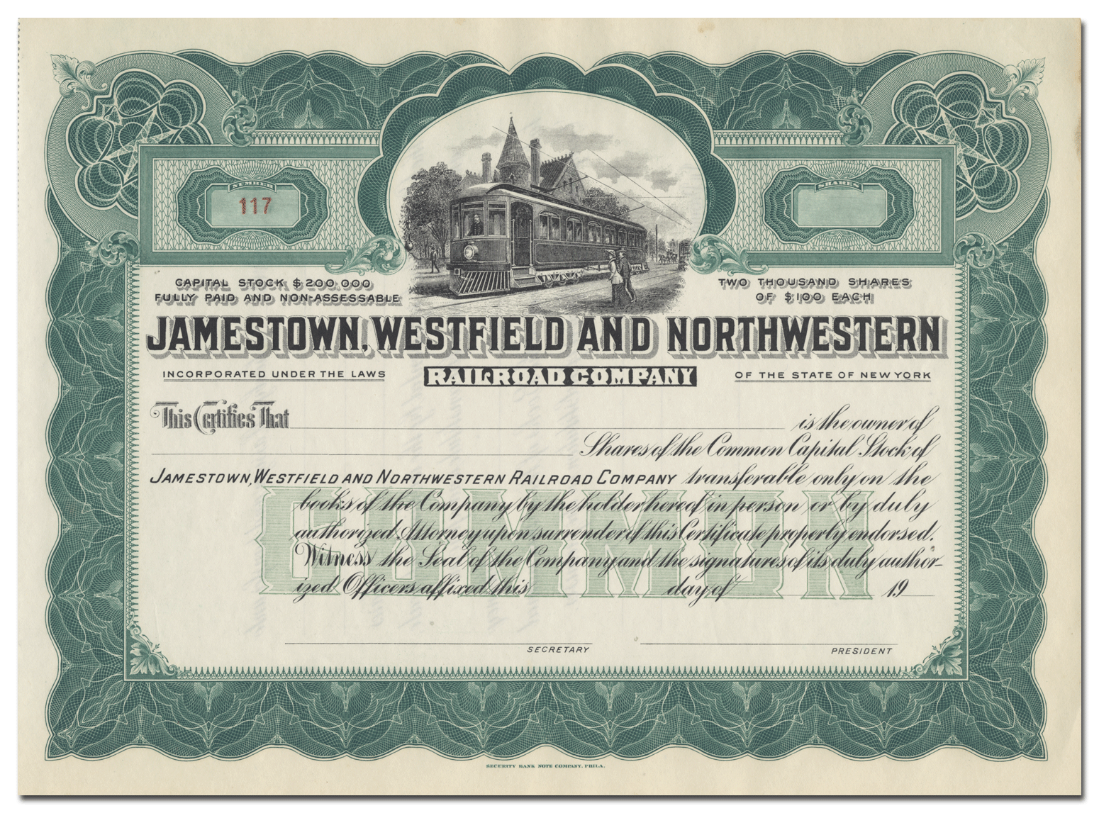 Jamestown, Westfield and Northwestern Railroad Co. Stock Certificate