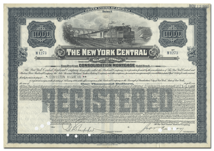 New York Central Railroad Company Bond Certificate