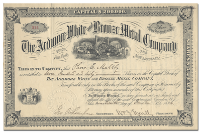 Ardmore White and Bronze Metal Company Stock Certificate