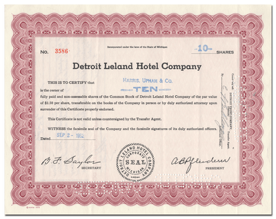 Detroit Leland Hotel Company Stock Certificate
