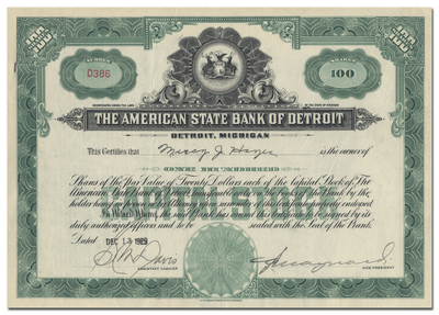 American State Bank of Detroit Stock Certificate