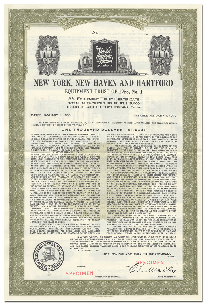 New York, New Haven and Hartford Railroad Company Bond Certificate