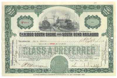 Chicago South Shore and South Bend Railroad Stock Certificate Signed by Samuel Insull, Jr.